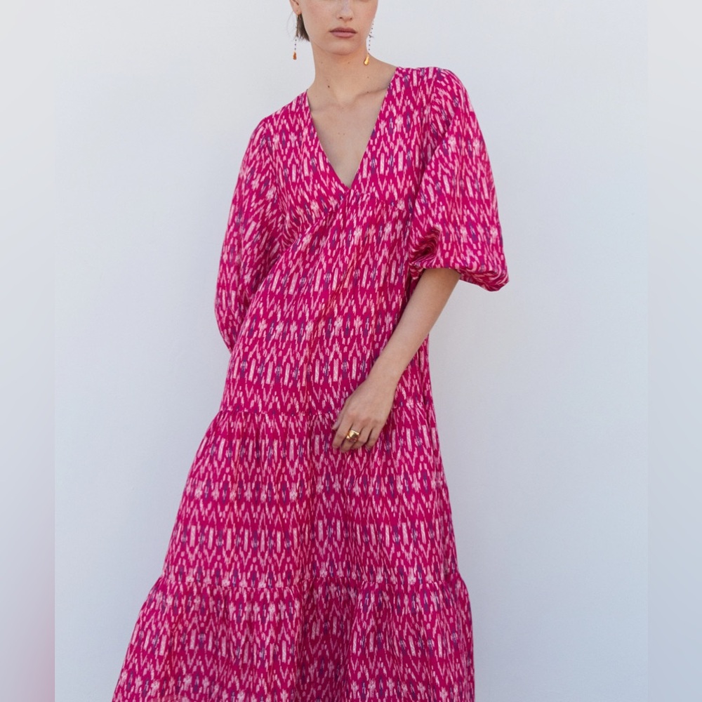 MANGO MNG Balloon Sleeve VNeck Tiered Printed Maxi Dress Pink Women's 8